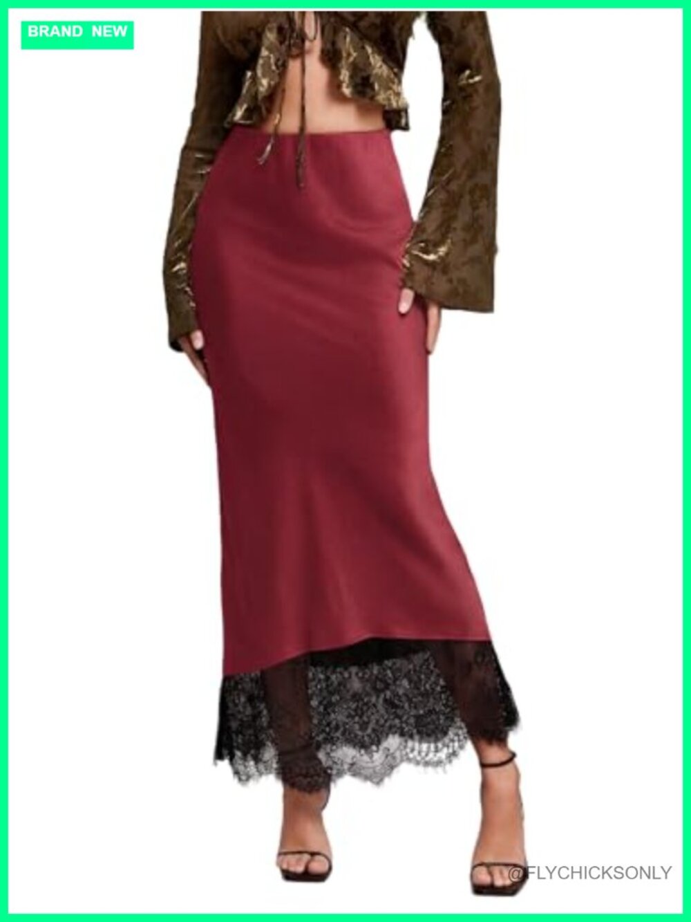 Lace Trim High Waist Fishtail Maxi Skirt Satin A-Line Vintage Fairycore